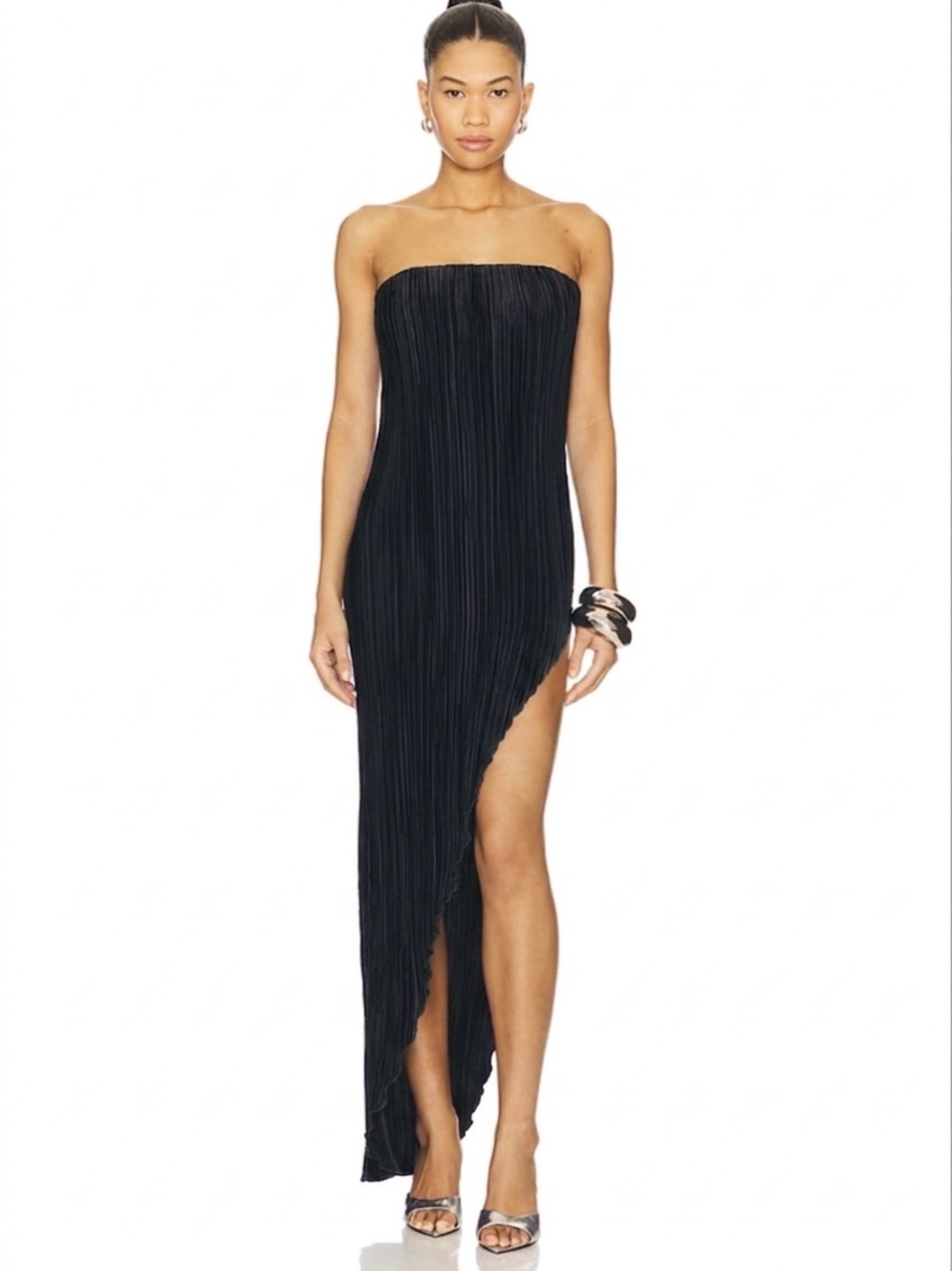 NBD Pleated Strapless Maxi Dress S Asymmetric Gown Revolve Cocktail Wedding LBD